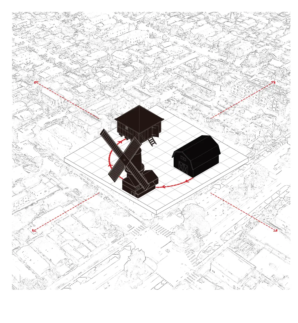 세 가지 농업 유형을 로스앤젤레스의 도시 블록 안에 재구성한 개념 아이소메트릭